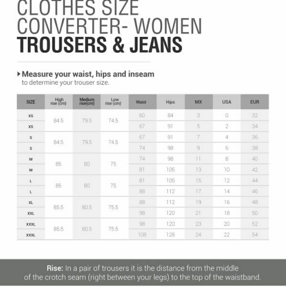 Clothes size converter chart jeans